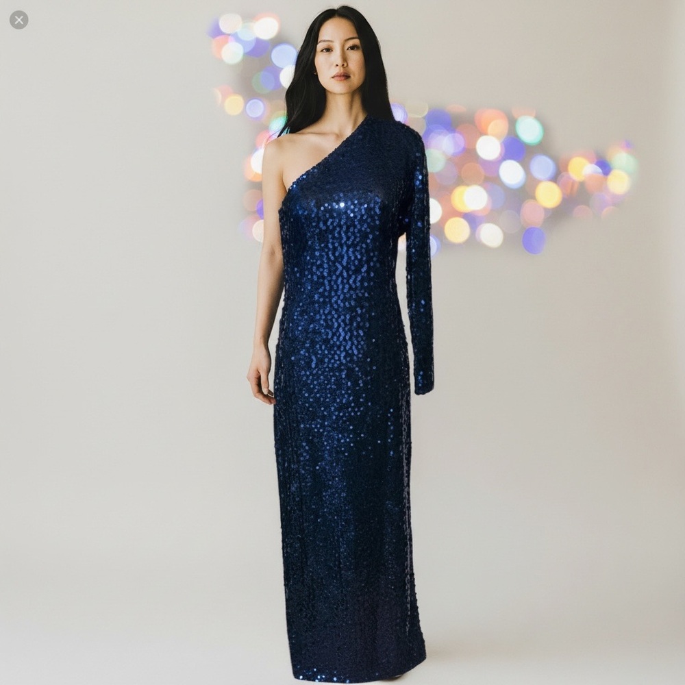 vtg CLIMAX by David Howard sz 13/14 (M/L) Sequin One Shoulder Sequin Dress Blue